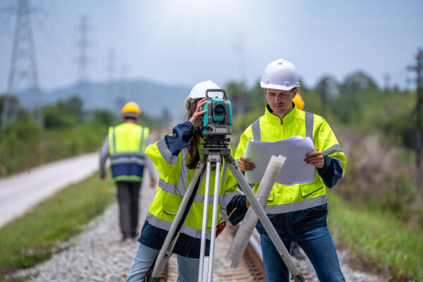 Geomatiker bereiten Geräte für die Vermessung vor Geomatiker bereiten Geräte für die Vermessung vor