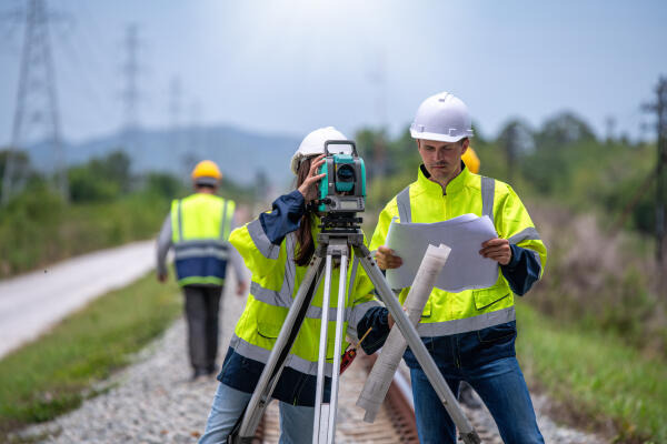 Geomatiker bereiten Geräte für die Vermessung vor