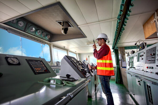 Nautischer Offiziersassistent plant Route auf Brücke