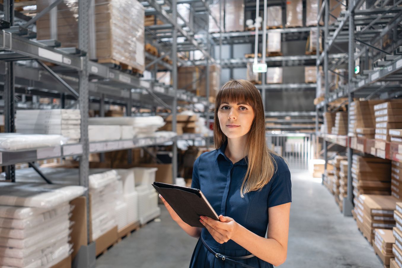 Logistikmanagement  Studium – Logistikmanagerin mit Klemmbrett ueberprueft den Warenbestand im Lager