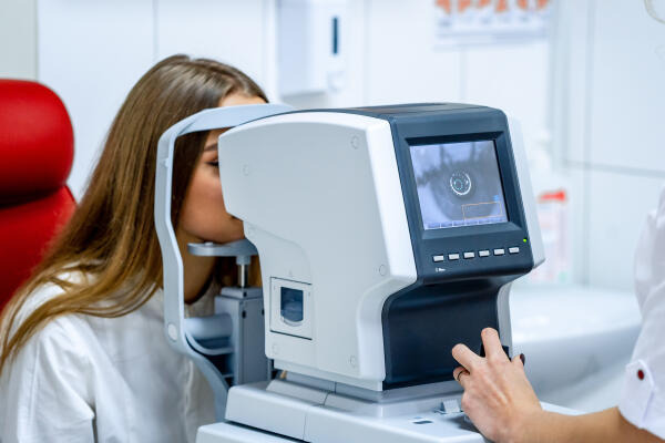 Augenärztin untersucht die Netzhaut