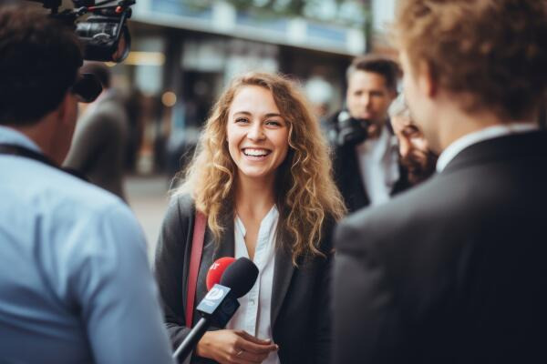 Video-Journalisten führen Interview auf der Straße Video-Journalisten führen Interview auf der Straße