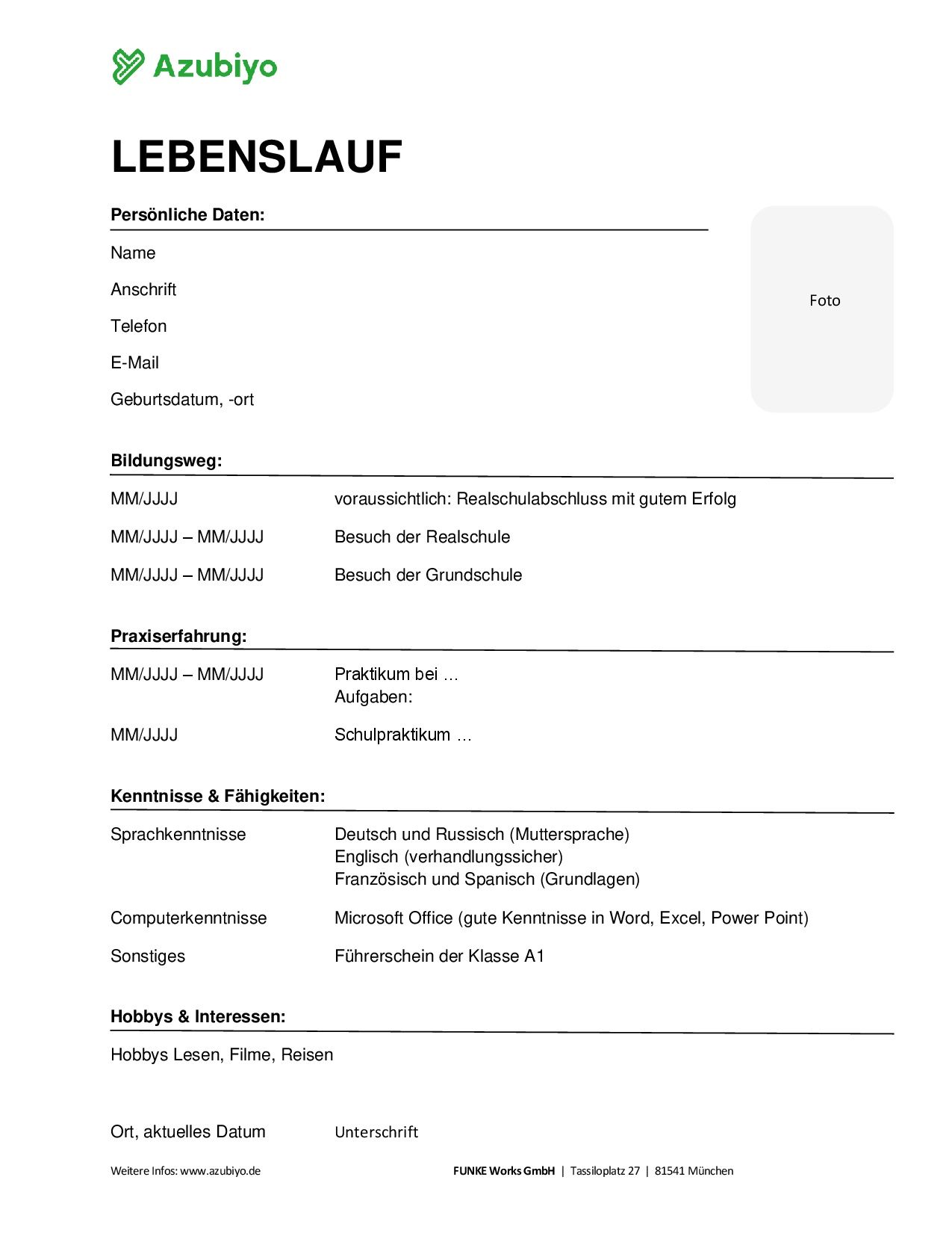 Vorlage Lebenslauf klassisch