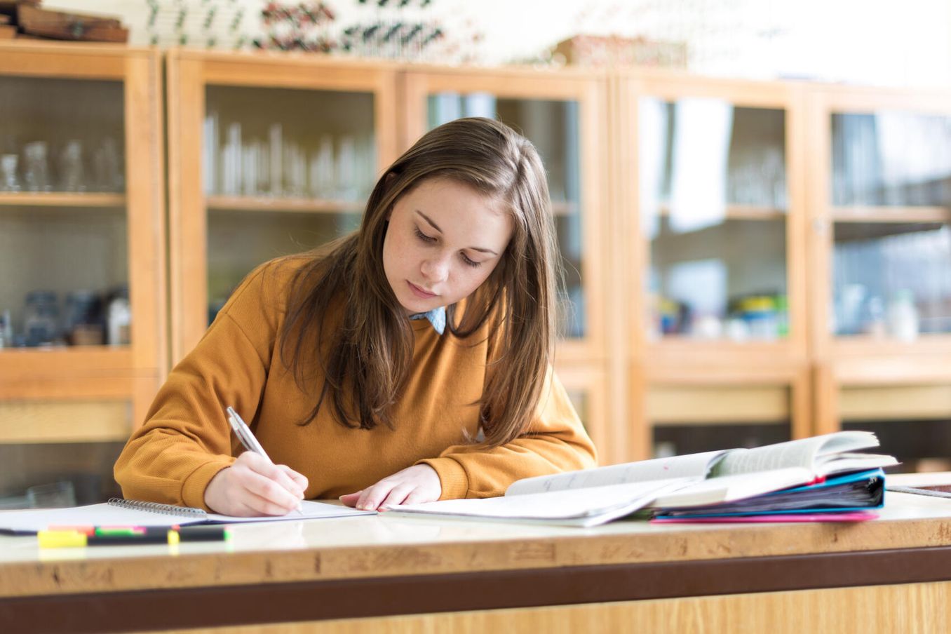 Schuelerin nutzt Arbeitshefte im Unterricht