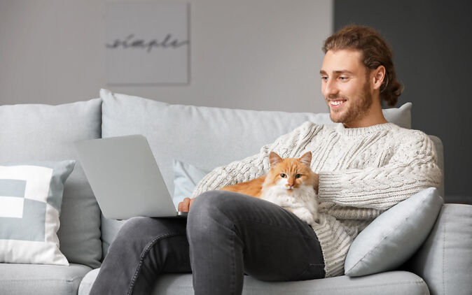 Online studieren – Mann sitzt mit Katze und Laptop auf dem Sofa Online studieren – Mann sitzt mit Katze und Laptop auf dem Sofa