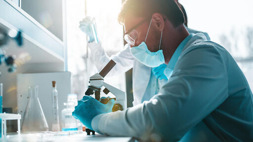 Molekulare Medizin Studium – Student arbeitet im Labor am Mikroskop Molekulare Medizin Studium – Student arbeitet im Labor am Mikroskop