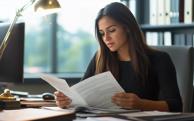 Jura Studium - Frau am Schreibtisch liest einen Beschluss Jura Studium - Frau am Schreibtisch liest einen Beschluss