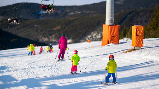 Skilehrer mit Gruppe