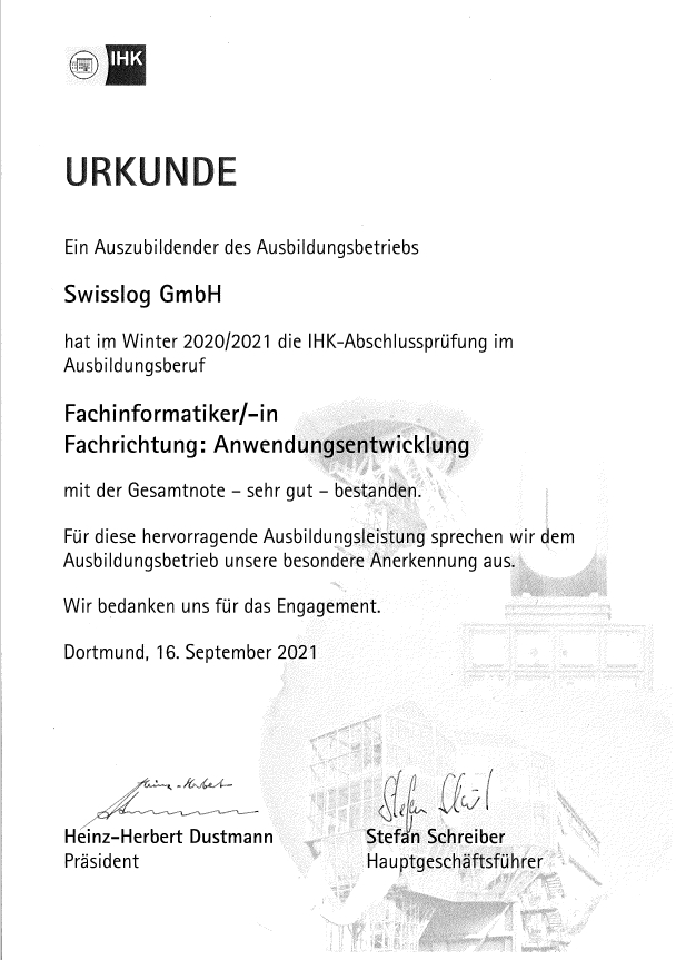 Swisslog GmbH: Urkunde