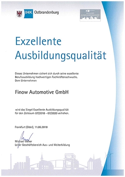 Finow Automotive GmbH: Siegel "exzellente Ausbildung"